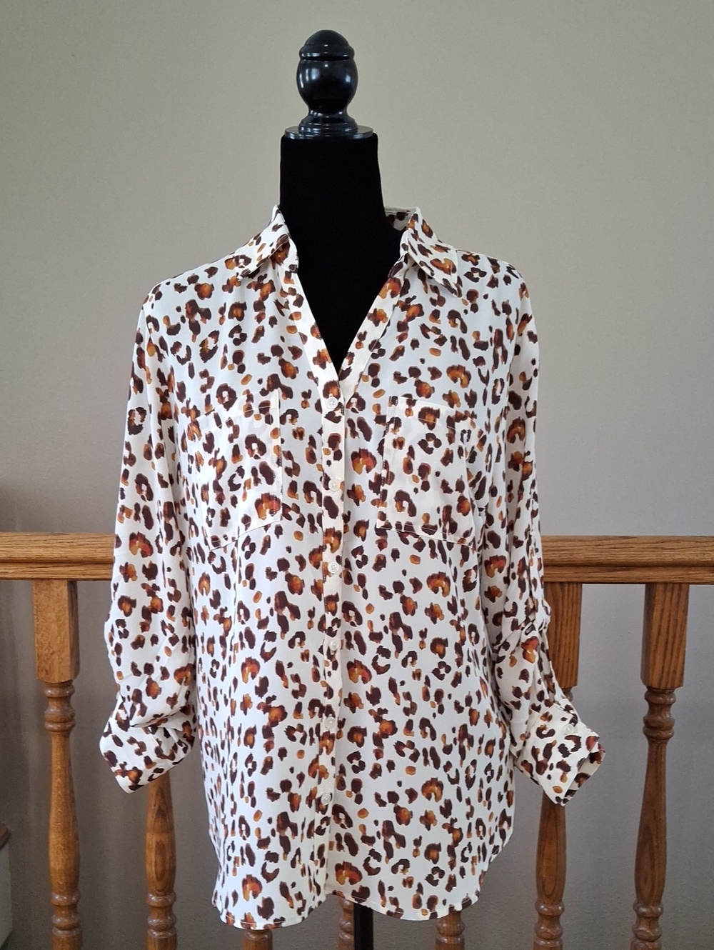 Women's Cream Leopard Print Button-Front Blouse